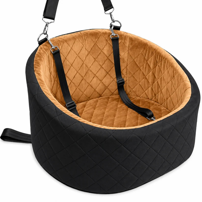 Black and tan Cozy Copilot elevated dog car booster seat